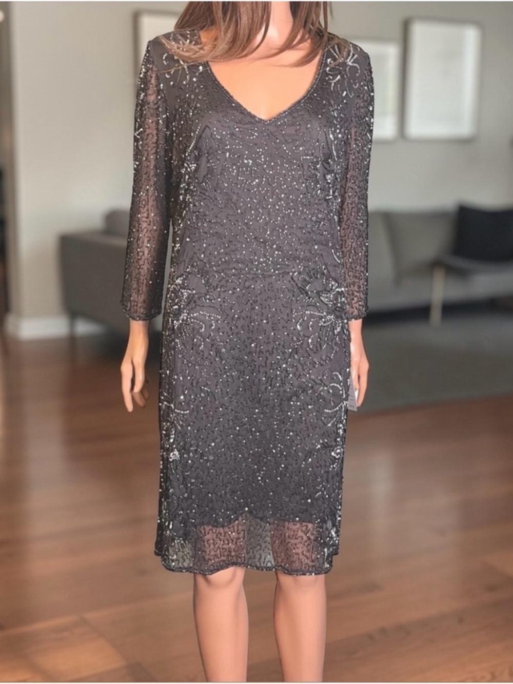 Pisarro Nights Beaded Dress Size 14 Slate Gray Sheer Sleeve Formal NWT - Picture 9 of 9